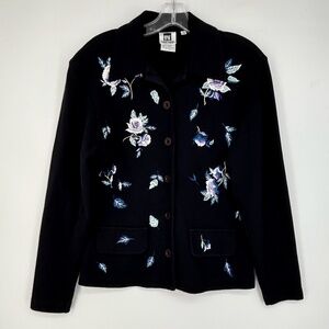 Together! Womens Small Rib Knit Cardigan Sweater Jacket Black Floral Embroidery